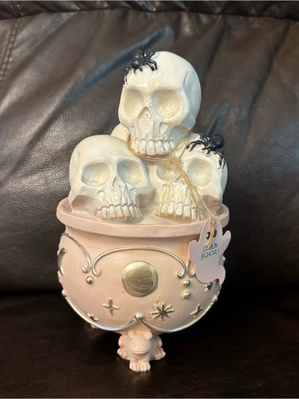Decorative Pink Cauldron with White Skull Trio and Black Spiders